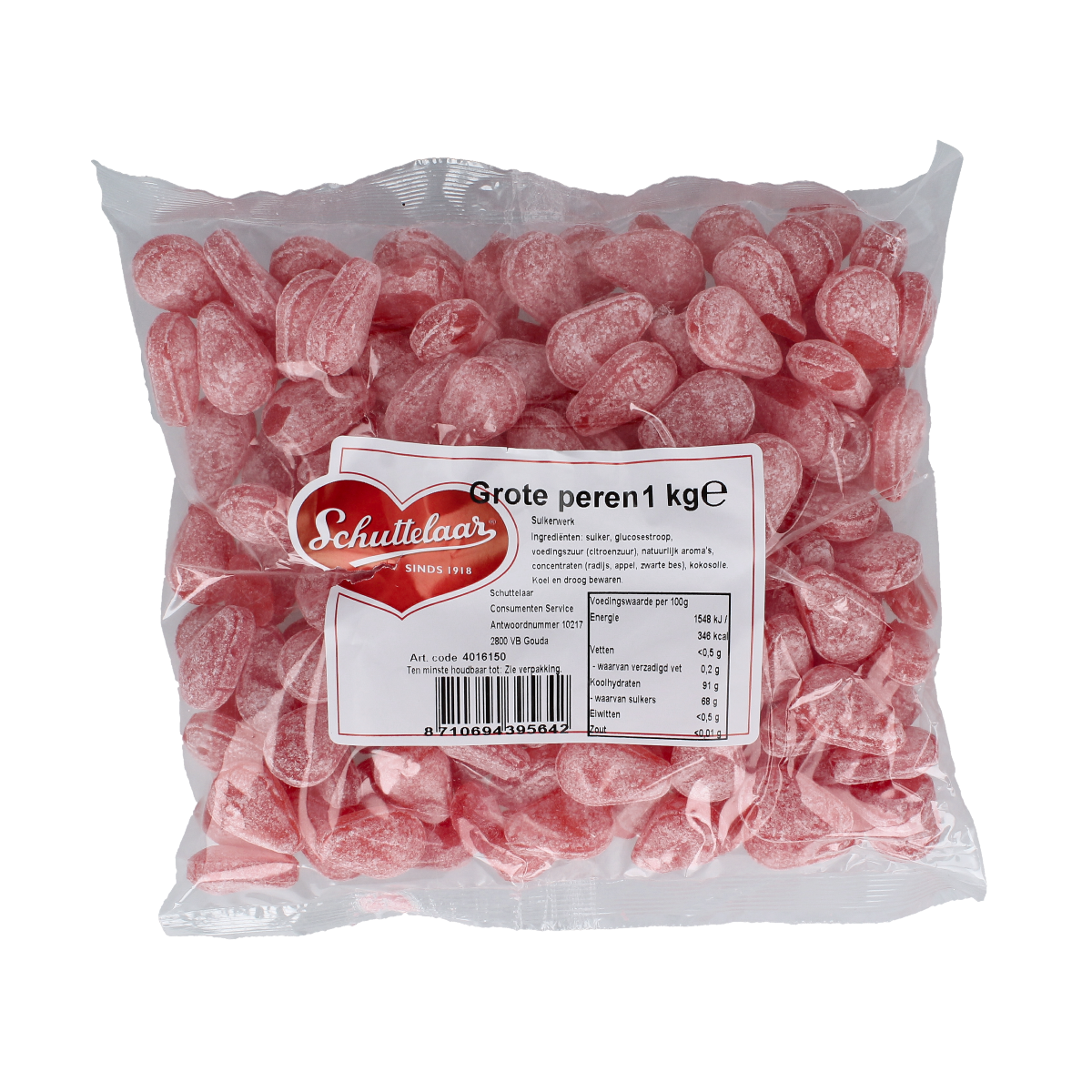 Schuttelaar Grote Peren snoepgoed in een zak, 1 kilogram, met groene en gele perenvormige snoepjes op de afbeelding.