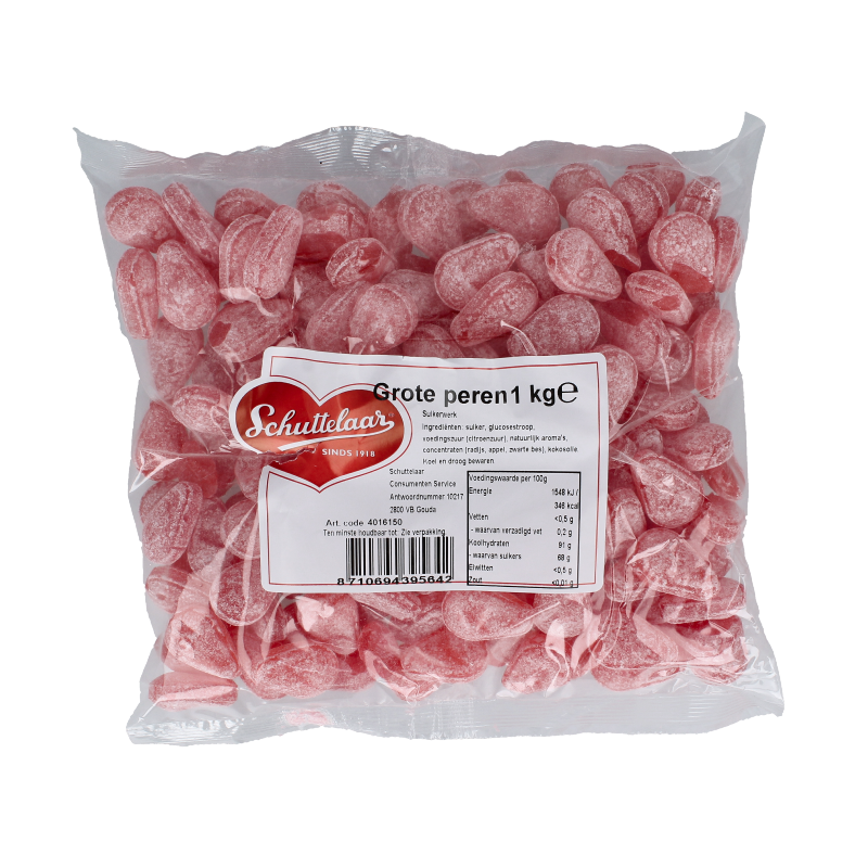 Schuttelaar Grote Peren snoepgoed, 1 kilogram, colorful pear-shaped candies in a clear bag.
