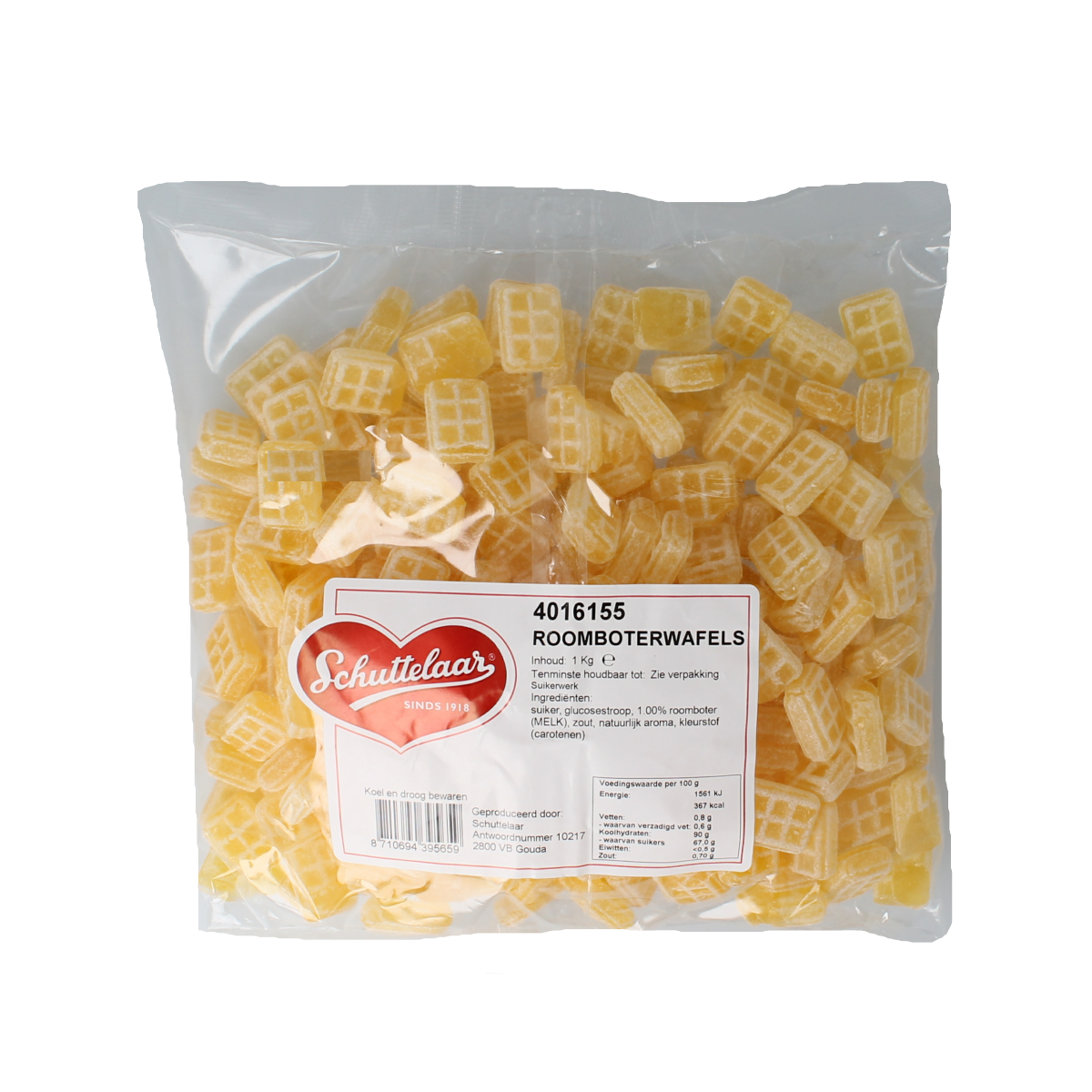 Schuttelaar Roomboterwafels snoepgoed in 1 kg package, showing golden butter waffles with a crispy texture and sweet flavor