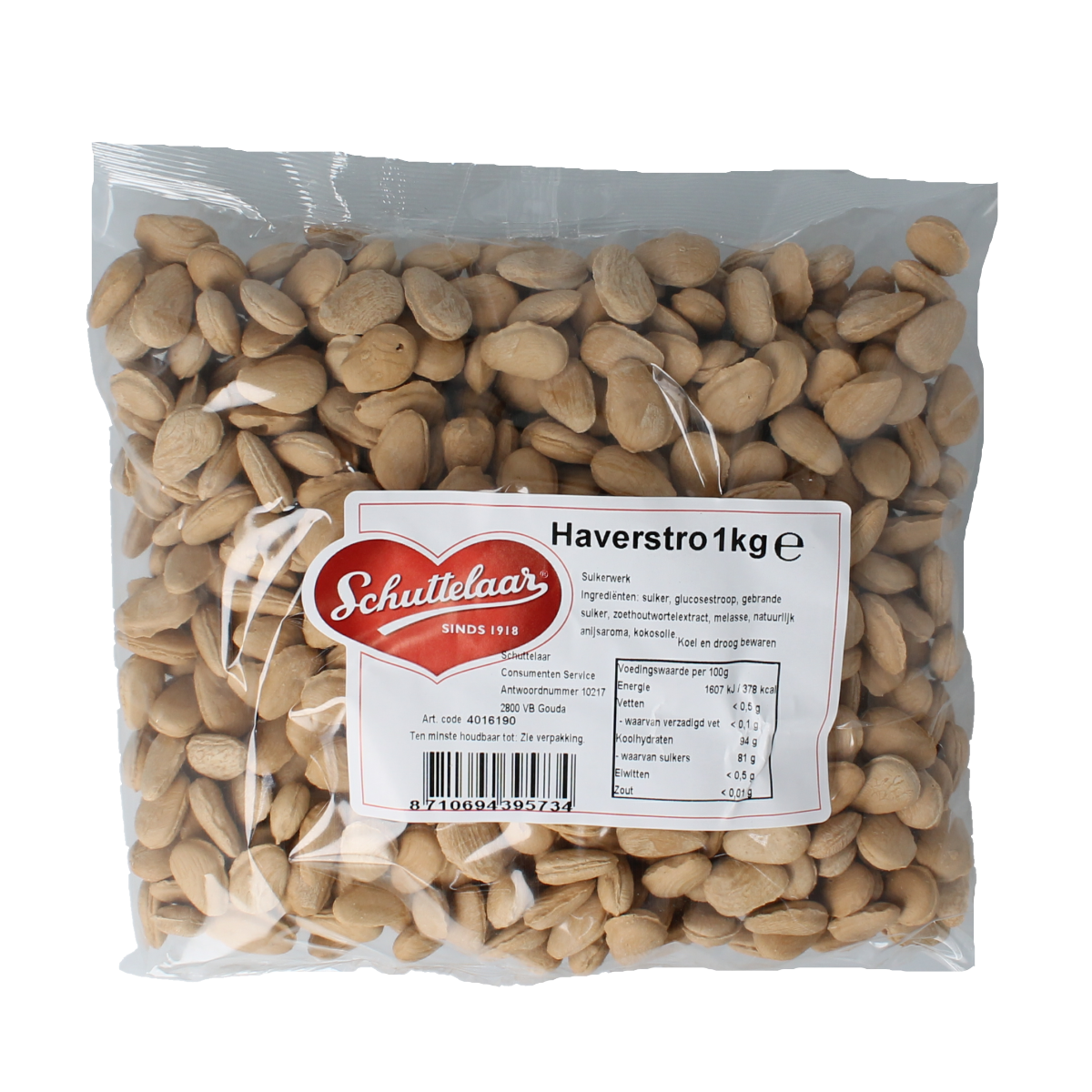 Schuttelaar Haverstro snoepgoed in 1kg bag, showing colorful oat-based candies with bright packaging and brand label