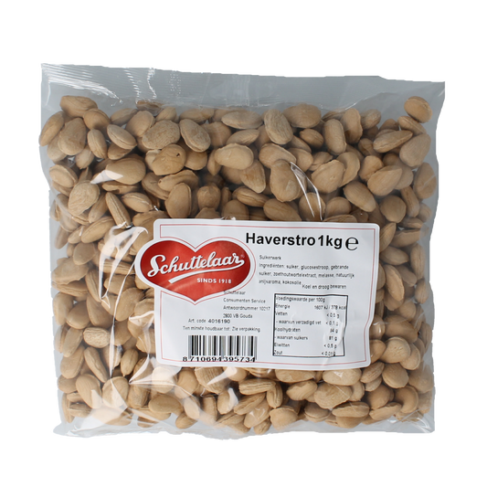 Schuttelaar Haverstro snoepgoed in 1kg bag, showing colorful oat-based candies with bright packaging and brand label