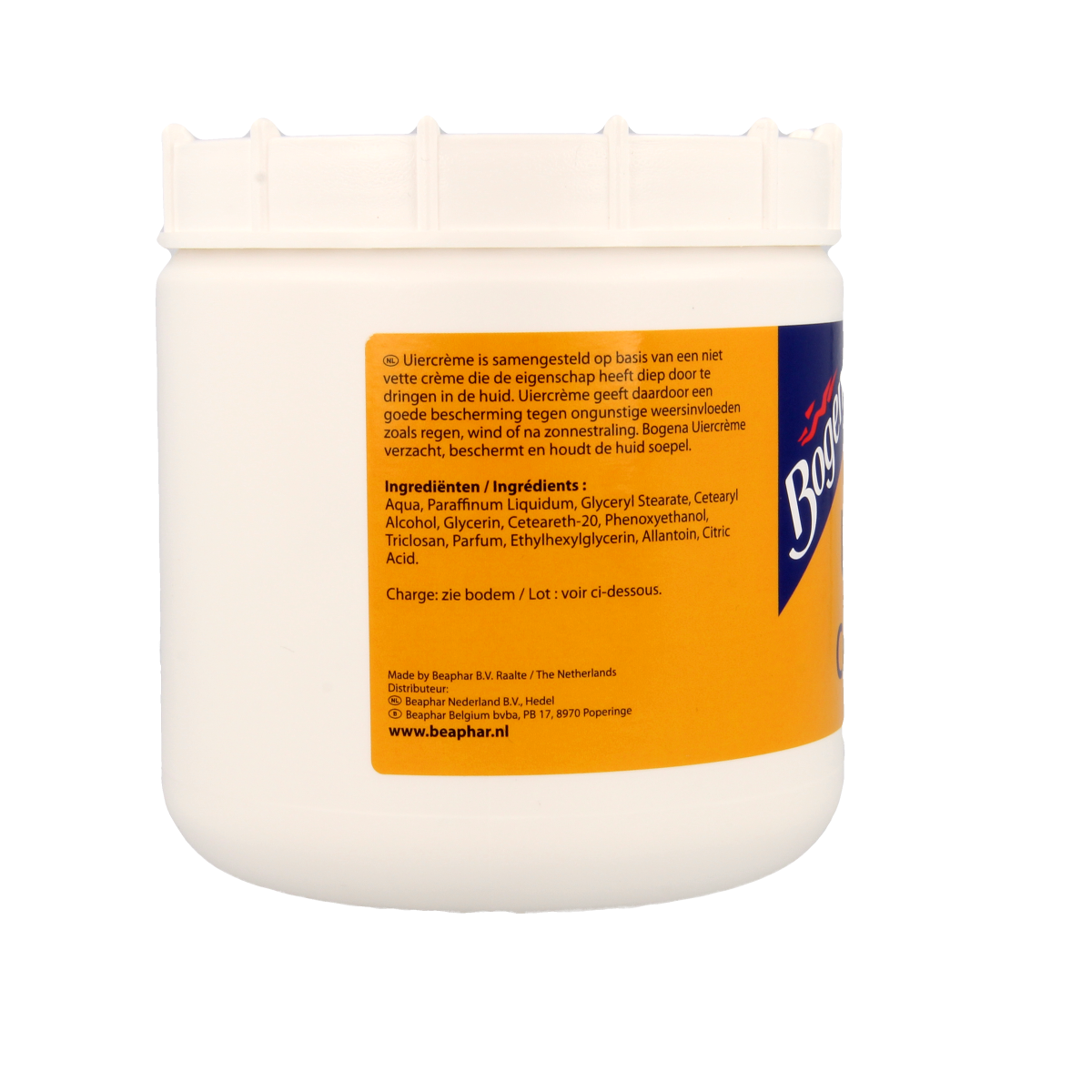 Bogena Uiercreme 900g body care product, shown in a white container with a flip lid, for nourishing skin.