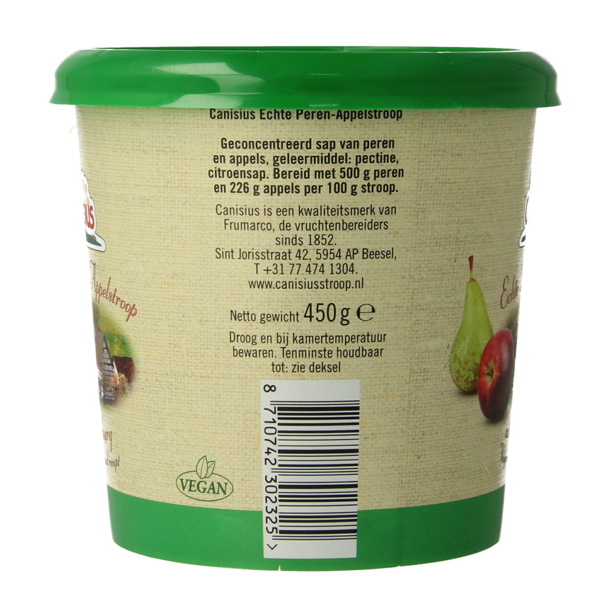 Canisius Peren appelstroop broodbeleg spread in 450g jar, featuring rich, natural pear and apple flavors for breakfast or snacks.