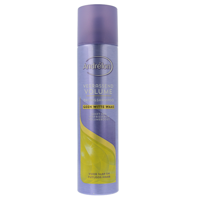 Andrelon droogshampoo voor verrassend volume, 245 ml haarverzorging product, spray bottle with white cap and clear label.