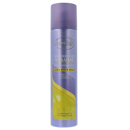 Andrelon droogshampoo voor verrassend volume, 245 ml haarverzorging product, spray bottle with white cap and clear label.