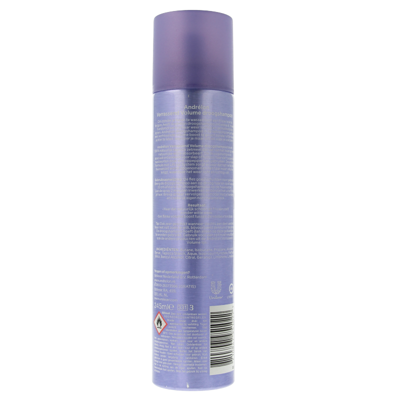 Andrelon droogshampoo voor verrassend volume, 245 ml haarverzorging product with spray nozzle and white packaging.