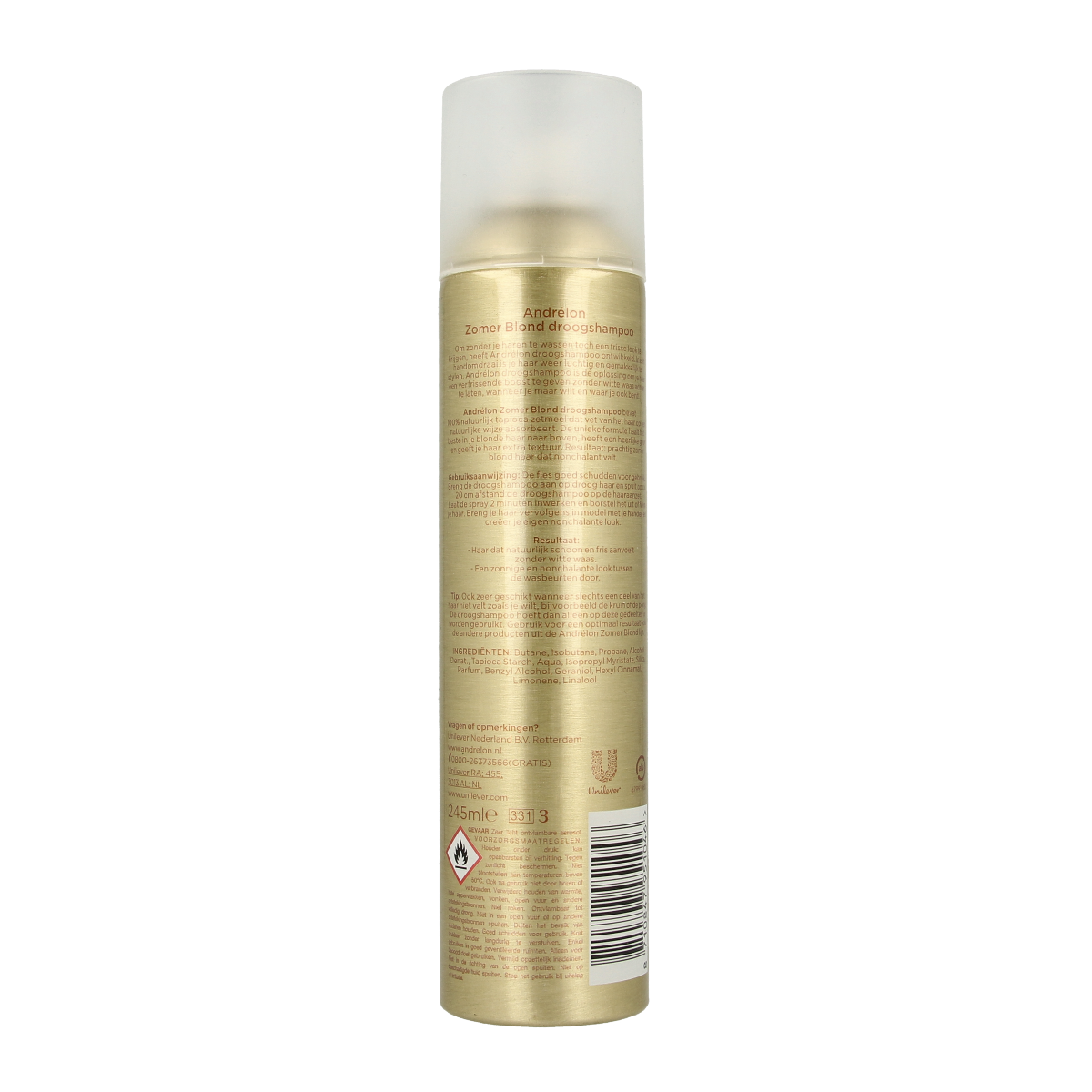 Andrelon Droogshampoo zomer blond in 245ml bottle, hair care product for refreshing blonde hair, with a spray nozzle.