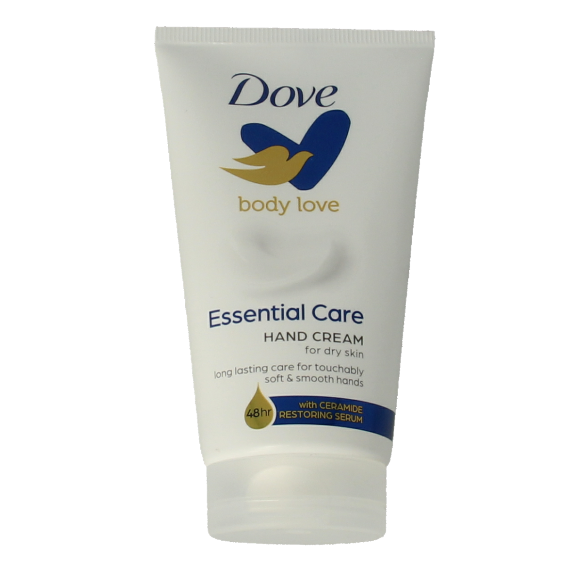 Dove Essential Care hand cream in 75ml tube, moisturizing hand care product with Dove branding and soft cream texture.