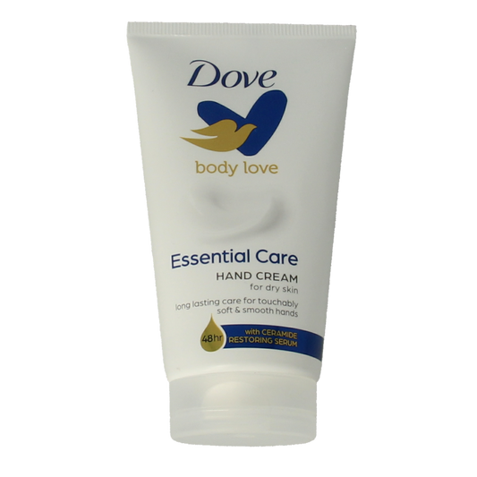 Dove Essential Care hand cream in 75ml tube, moisturizing hand care product with Dove branding and soft cream texture.