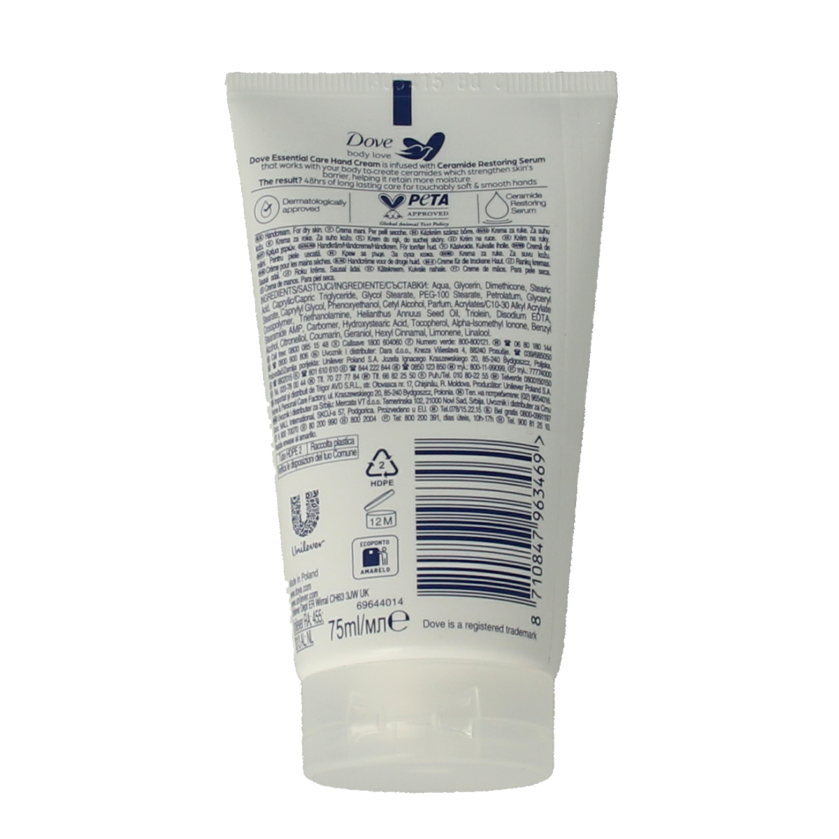 Dove Essential Care Hand Cream in 75ml tube, moisturizing hand care product with smooth texture, designed for soft, nourished hands.