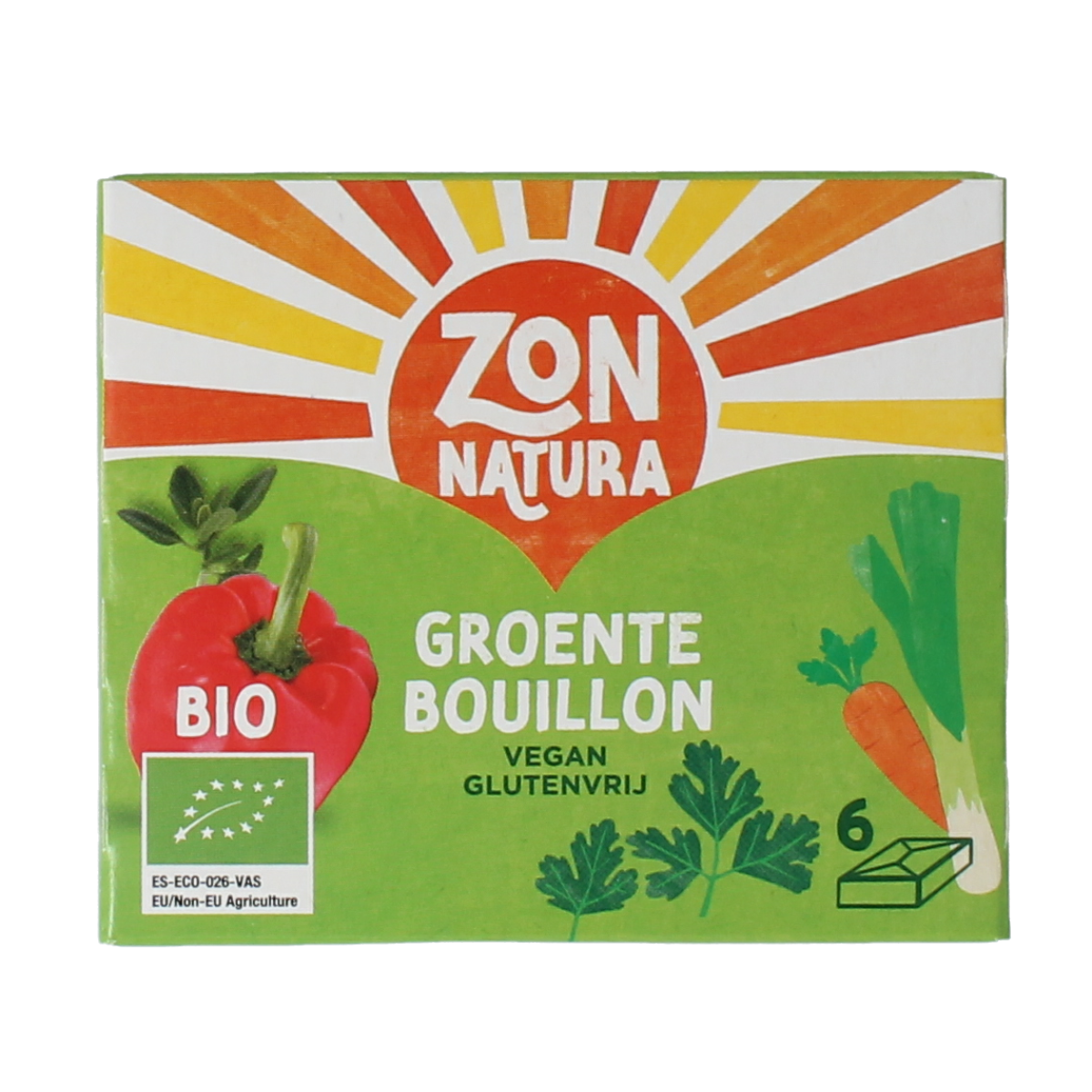 Zonnatura organic vegetable bouillon tablets, 11g each, six-pack, in a clear container with some tablets visible.