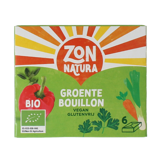 Zonnatura organic vegetable bouillon tablets, 11g each, six-pack, in a clear container with some tablets visible.