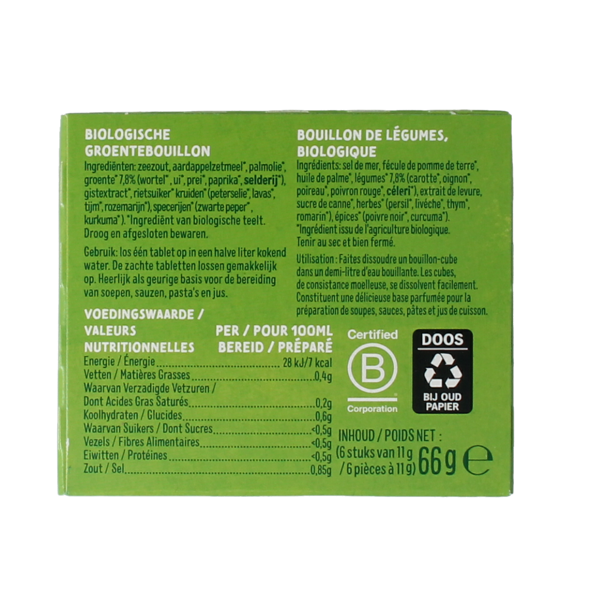 Zonnatura organic vegetable bouillon tablets, 11g each, in a pack of 6, for flavorful soups and broths.