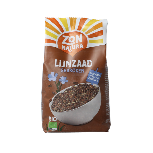 Broken organic flaxseed from Zonnatura, 400g package, raw superfood with small golden-brown flaxseed pieces.