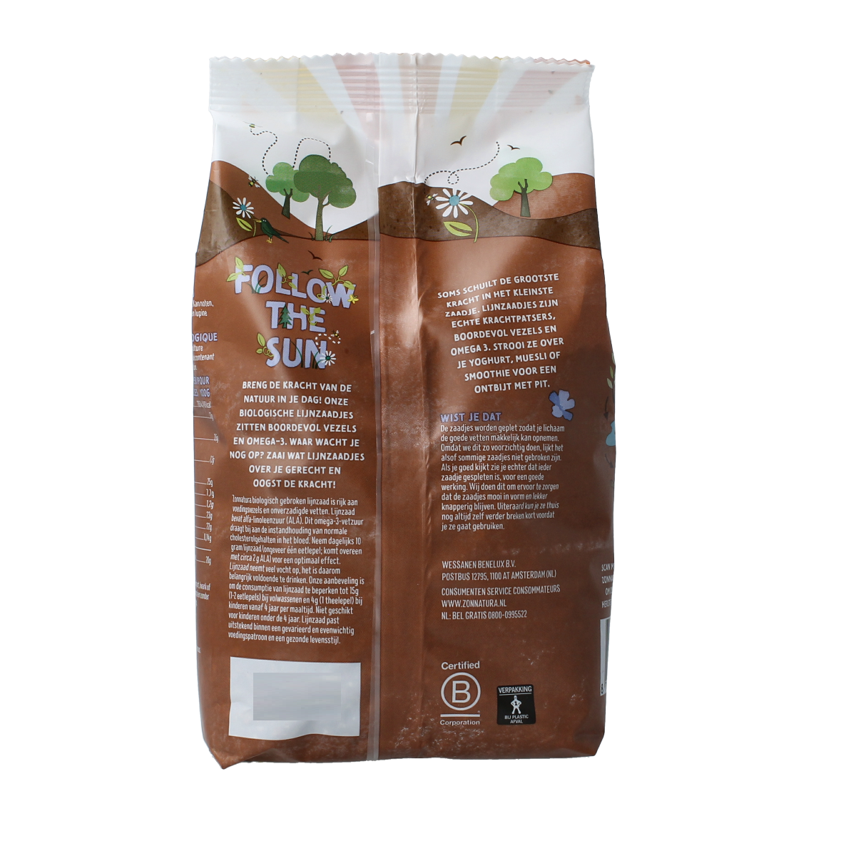 Broken organic flaxseed from Zonnatura in a 400g package, displayed in a clear container showcasing the raw superfood.