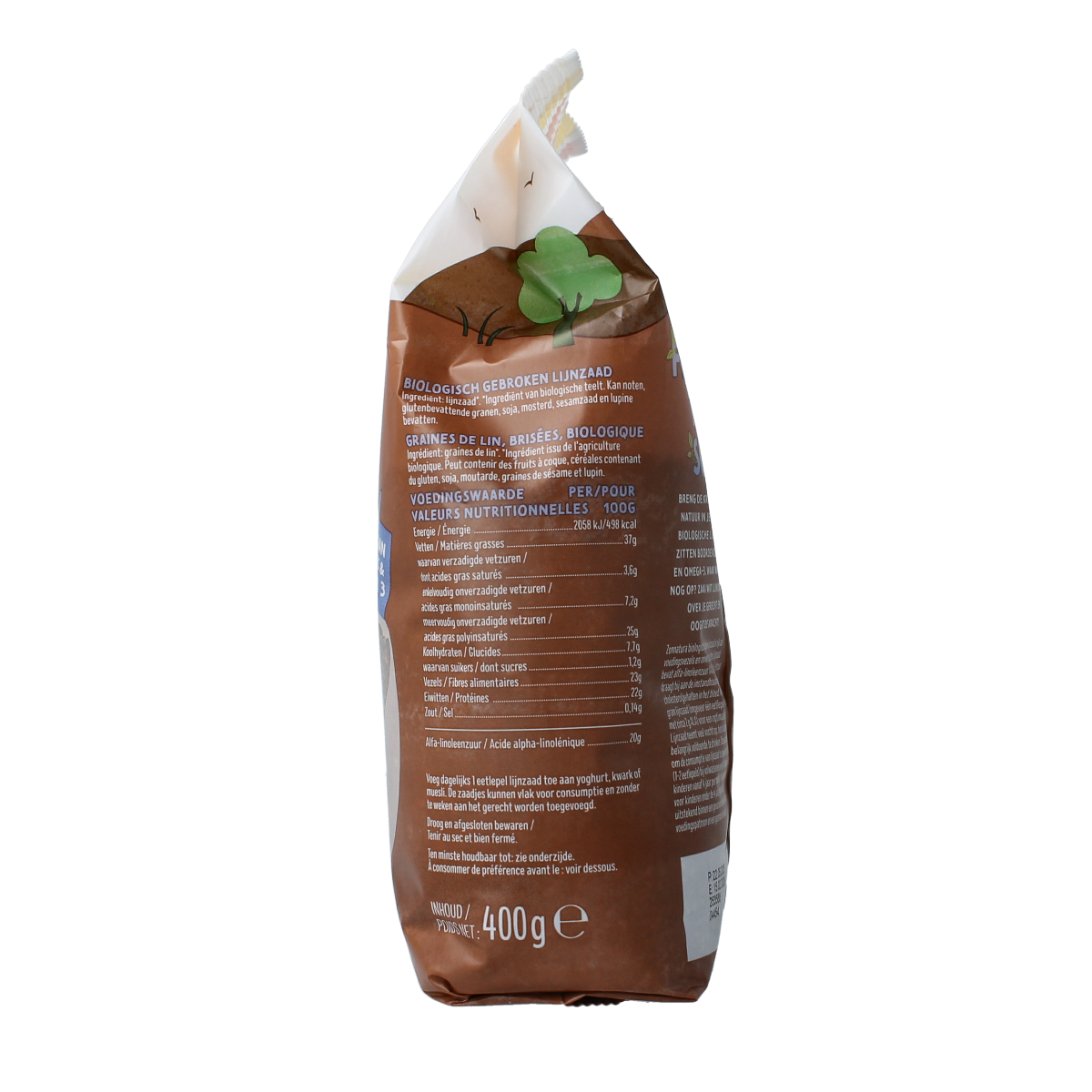 Raw organic ground flaxseed from Zonnatura in a 400g package, shown in a clear image of the product packaging.