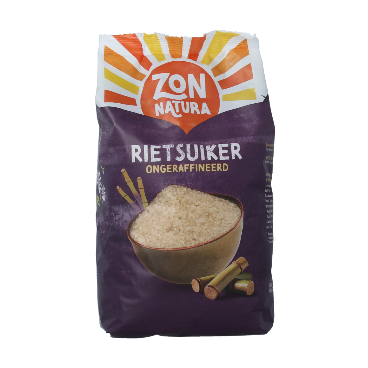Unprocessed raw cane sugar in a 750g package from Zonnatura, showing the white, crystalline sugar texture in the image.