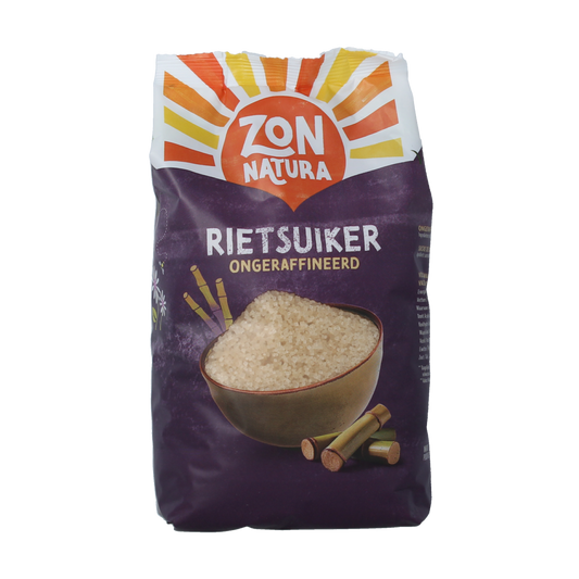 Unprocessed raw cane sugar in a 750g package from Zonnatura, showing the white, crystalline sugar texture in the image.