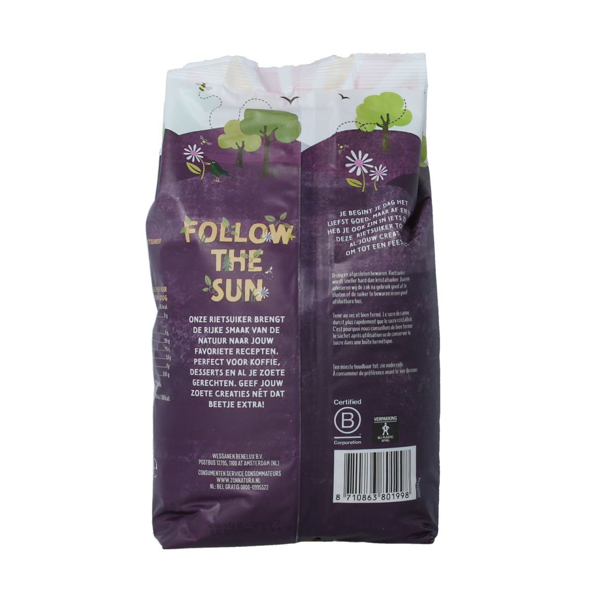Zonnatura Rietsuiker ruw in 750g package, natural unrefined cane sugar, shown in a clear image.