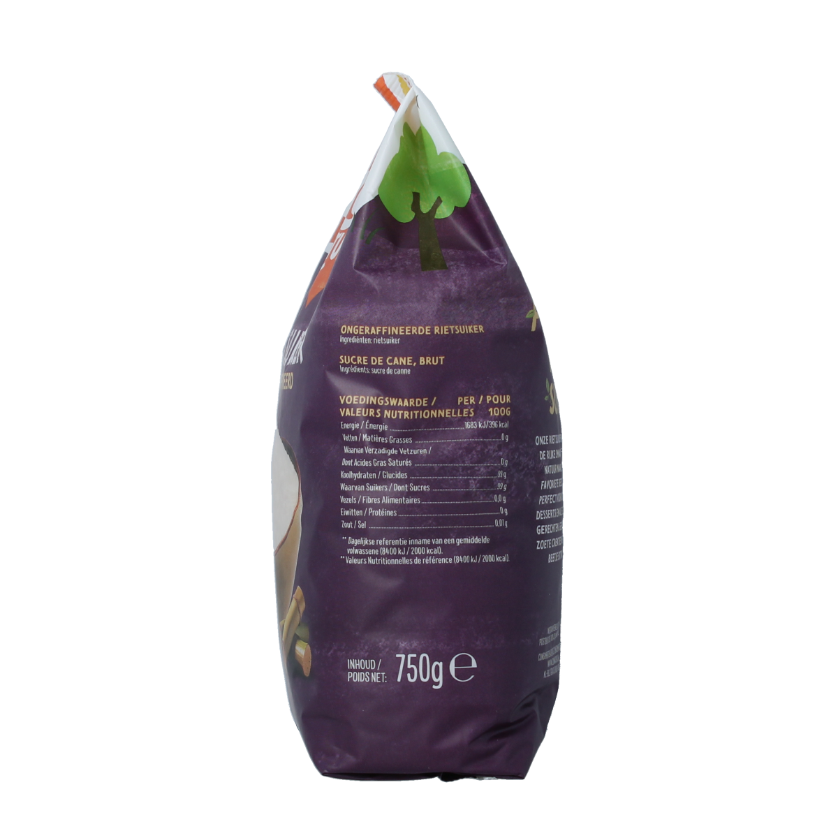 Raw Zonnatura Rietsuiker 750g, unrefined cane sugar in a clear bag showing golden brown sugar crystals.