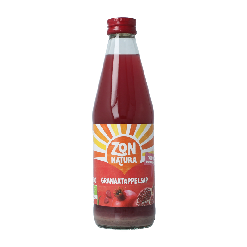 Zonnatura organic pomegranate juice bottle, 330ml, with vibrant red liquid and clear label highlighting natural ingredients.