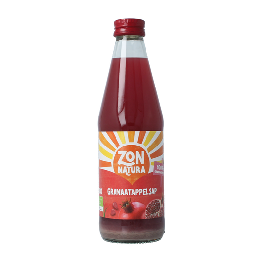 Zonnatura organic pomegranate juice bottle, 330ml, with vibrant red liquid and clear label highlighting natural ingredients.