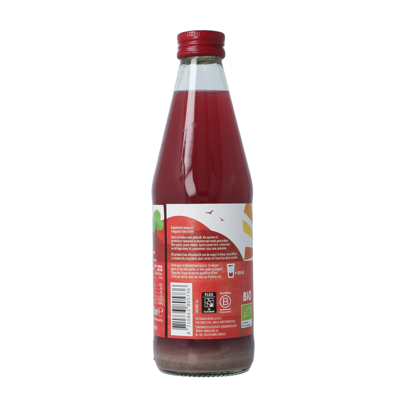 Zonnatura pure organic pomegranate juice in a 330ml bottle, vibrant red liquid in a clear glass with fresh pomegranate seeds