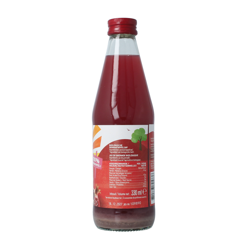 Zonnatura pure organic pomegranate juice in 330ml bottle, natural fruit drink with vibrant red color and fresh fruit label.