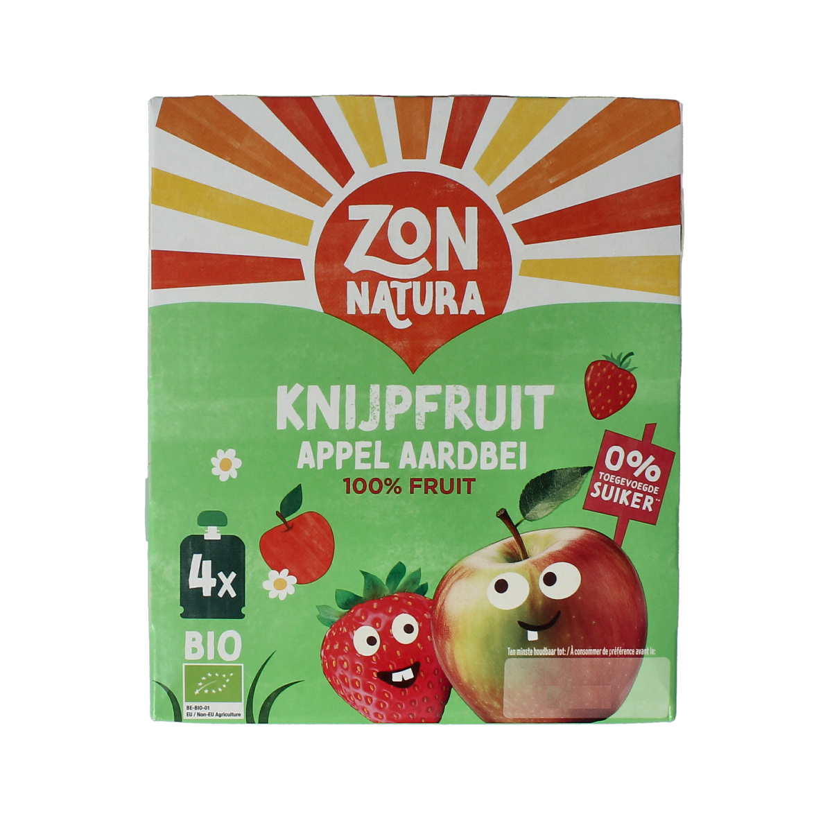 Zonnatura Knijpfruit appel en aardbei biologisch, 4 stuks, verpakt fruit in een transparante fles, geschikt voor kinderen en snacks.