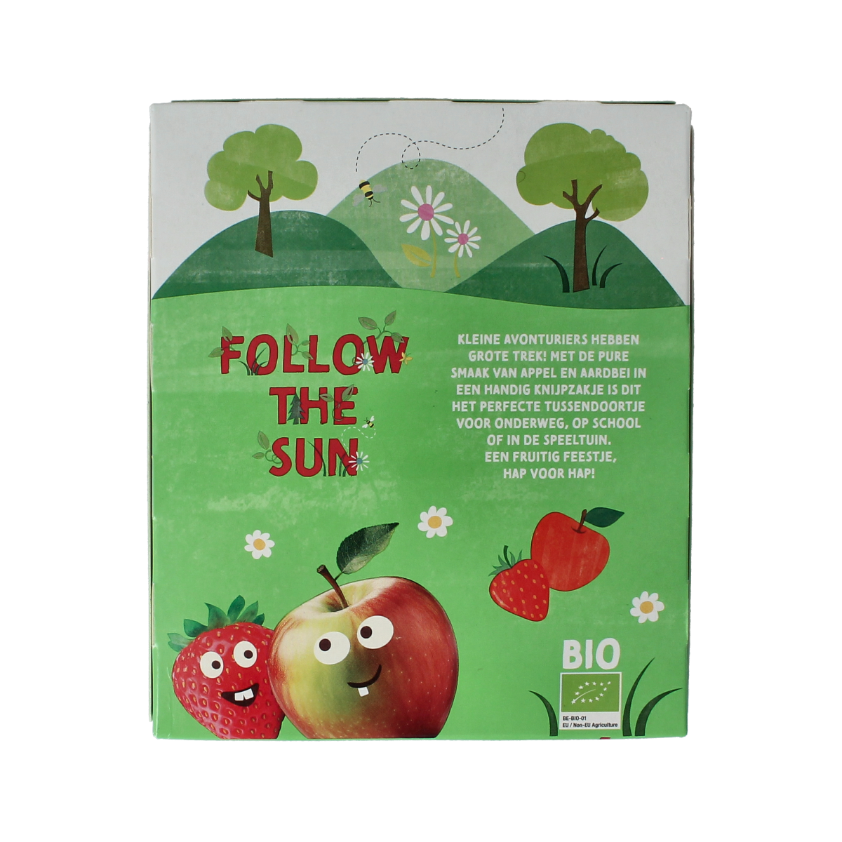 Zonnatura Knijpfruit bio appel en aardbei in 4 flesjes, natural fruit juice for kids, with fresh fruit images on packaging