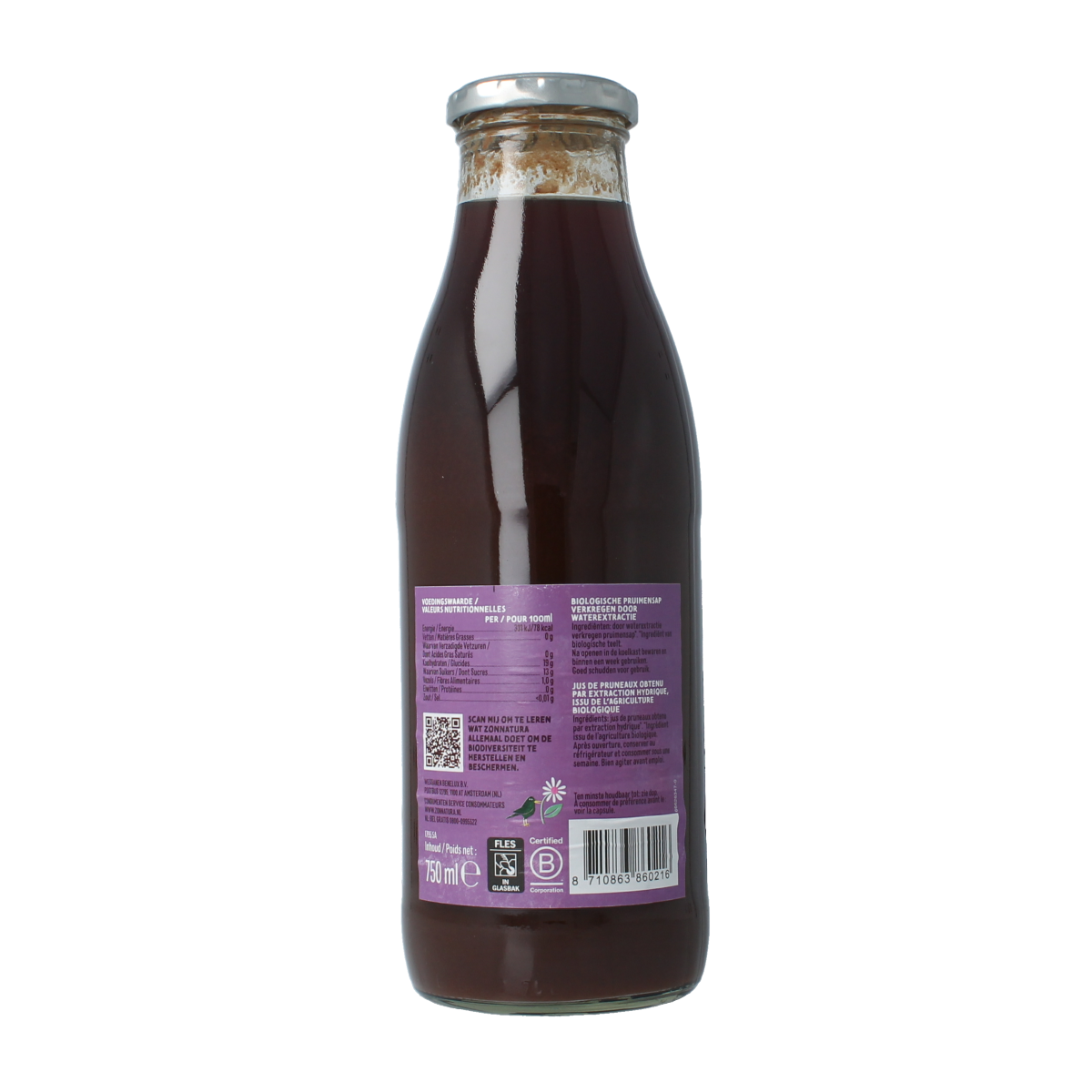 Zonnatura Pruimensap bio 750ml bottle showing the label and fresh citrus fruits on the packaging.