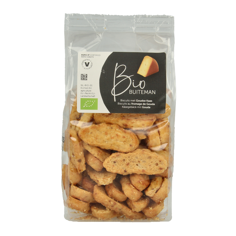 Organic Buiteman Kaaskoekjes chips and zoutjes in 125g package, crispy cheese-flavored snack from the Buiteman brand.