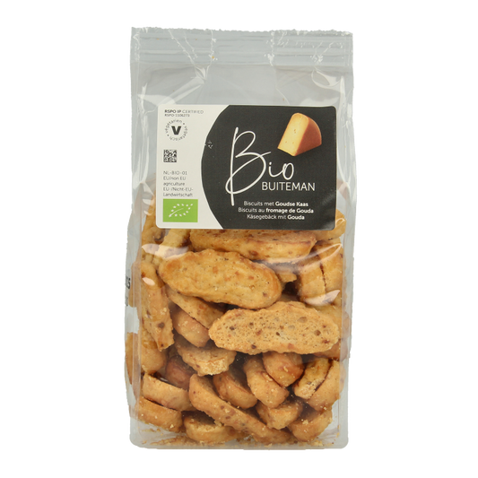 Organic Buiteman Kaaskoekjes chips and zoutjes in 125g package, crispy cheese-flavored snack from the Buiteman brand.
