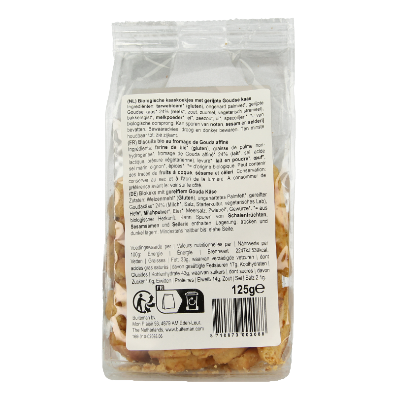 Buiteman bio cheese biscuits in 125g package, crispy chips and zoutjes snack with natural ingredients, shown in the image.