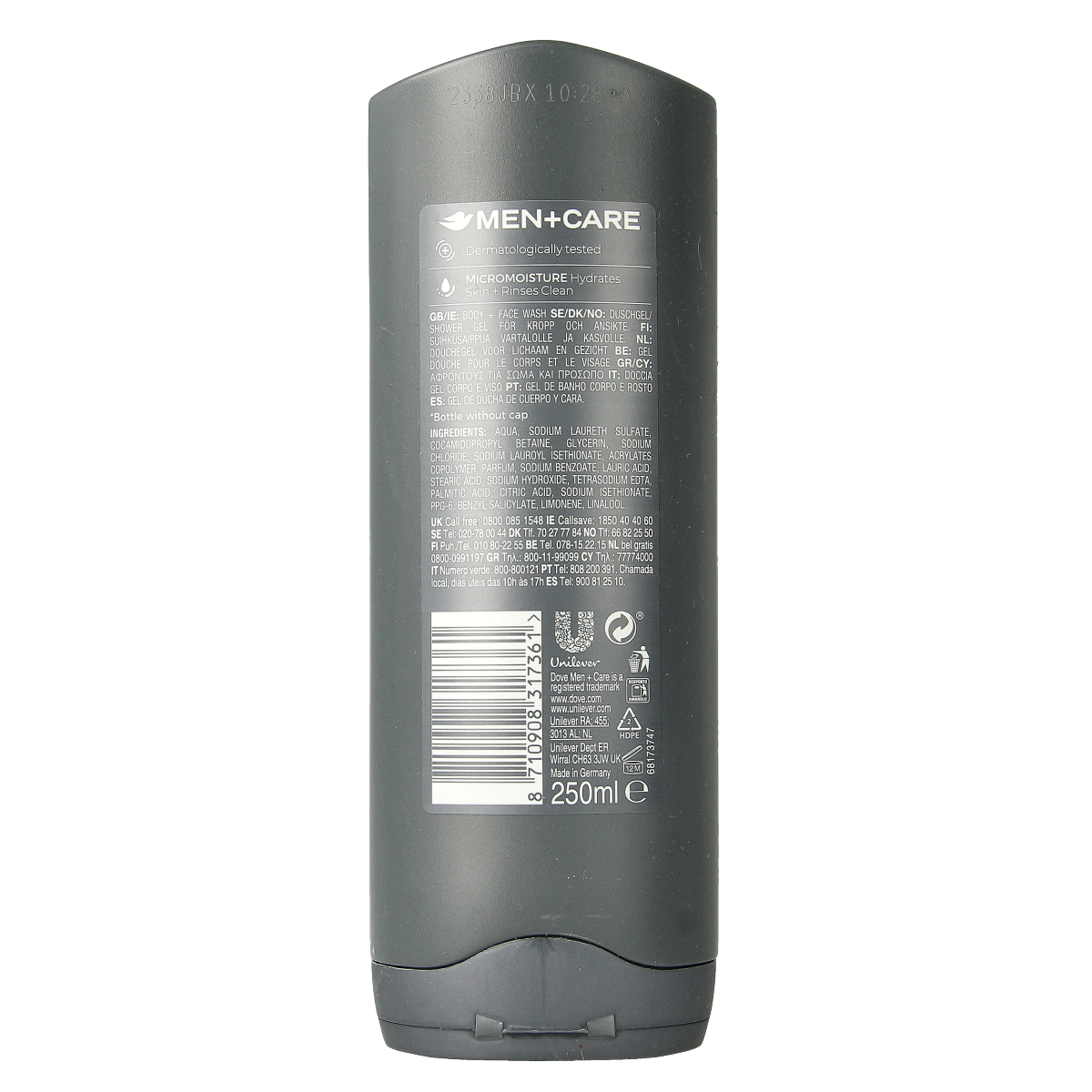 Dove Men+Care Cool Fresh shower gel in a 250ml bottle, designed for a refreshing and invigorating shower experience.