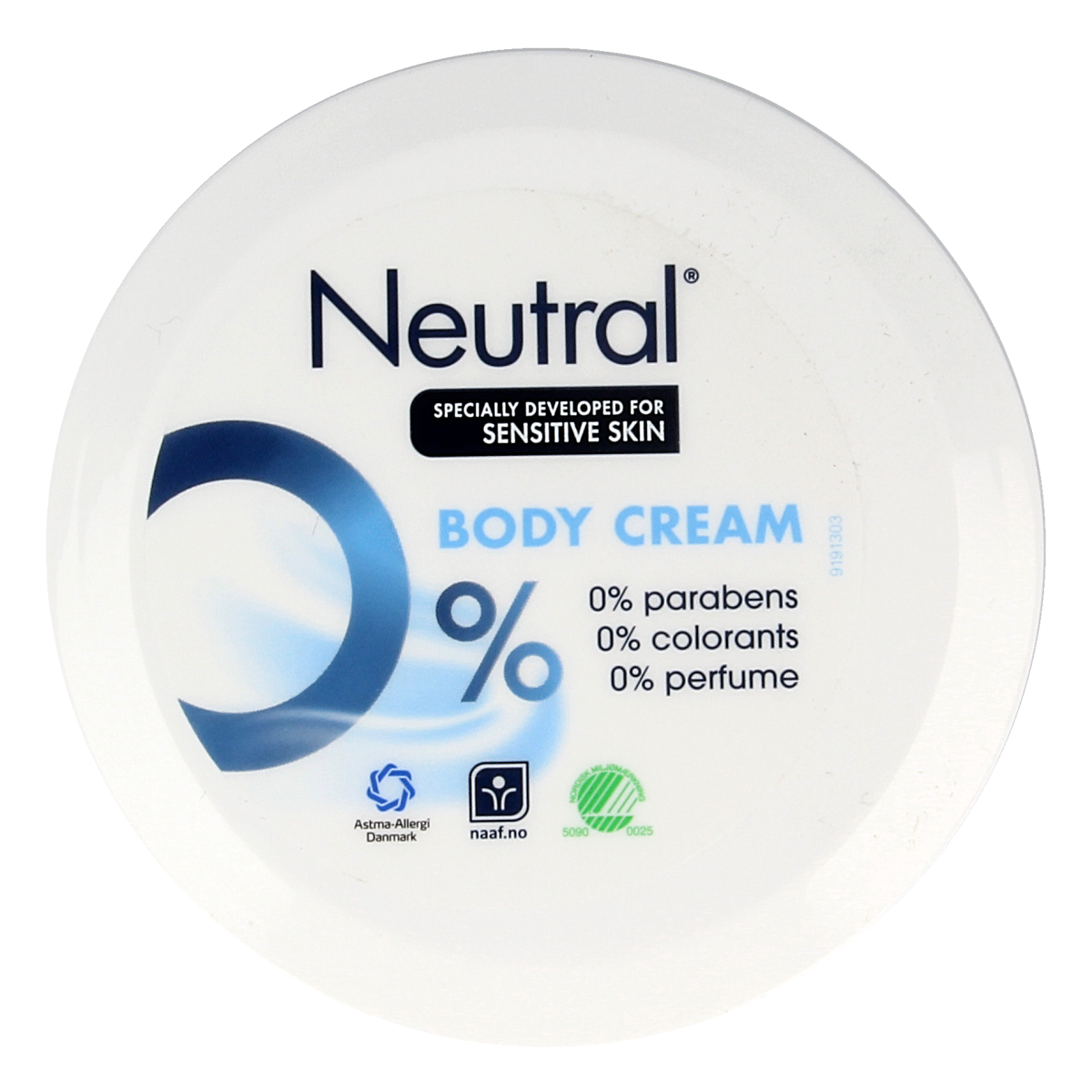 Neutral body cream in a 250ml jar, moisturizing and gentle skincare product for soft, healthy skin.
