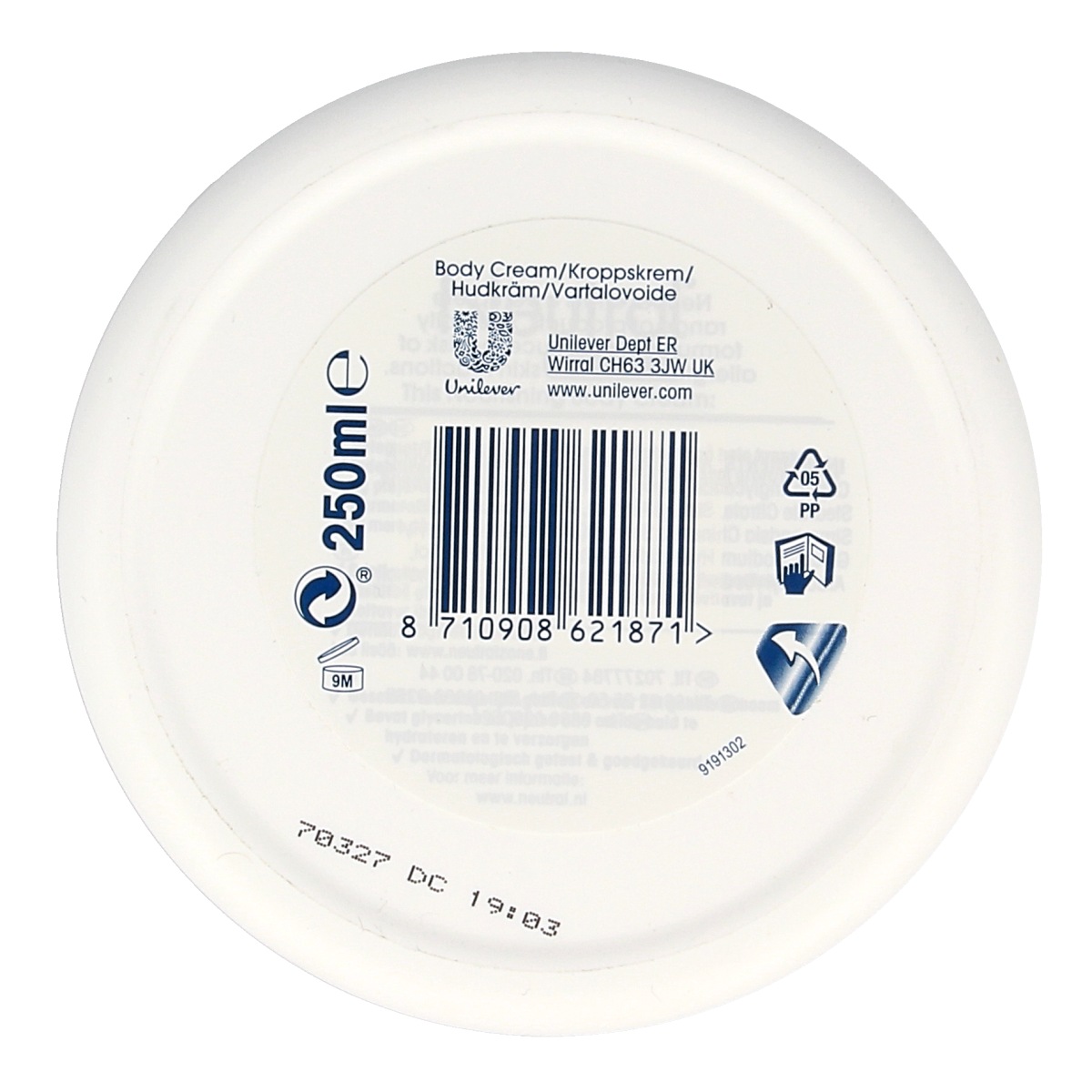 Neutral body cream in 250ml jar, featuring a smooth, neutral-colored lotion with a clean, minimalist design and subtle branding.