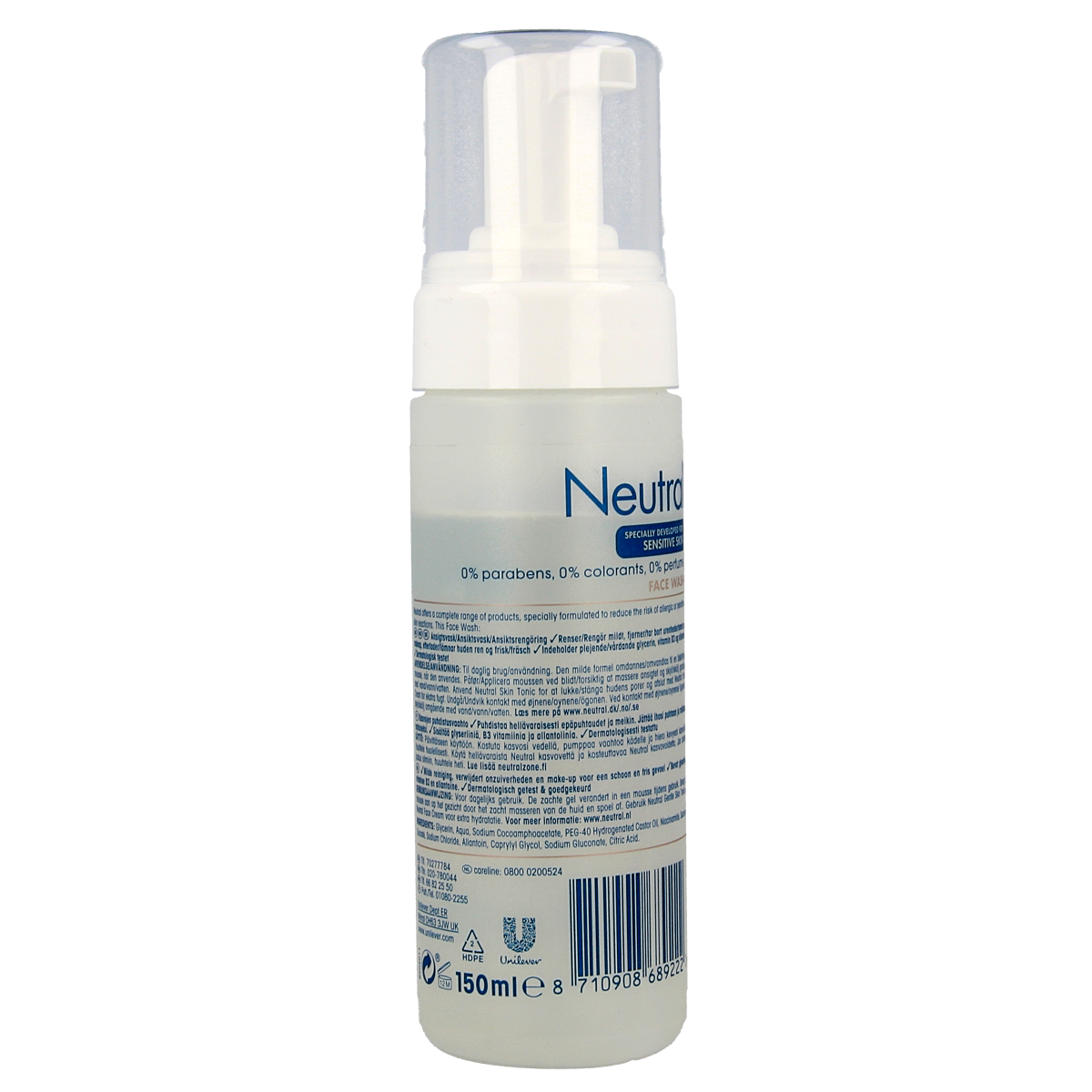 Neutral face wash lotion in a 150ml bottle, gentle skincare product for clean, refreshed skin.