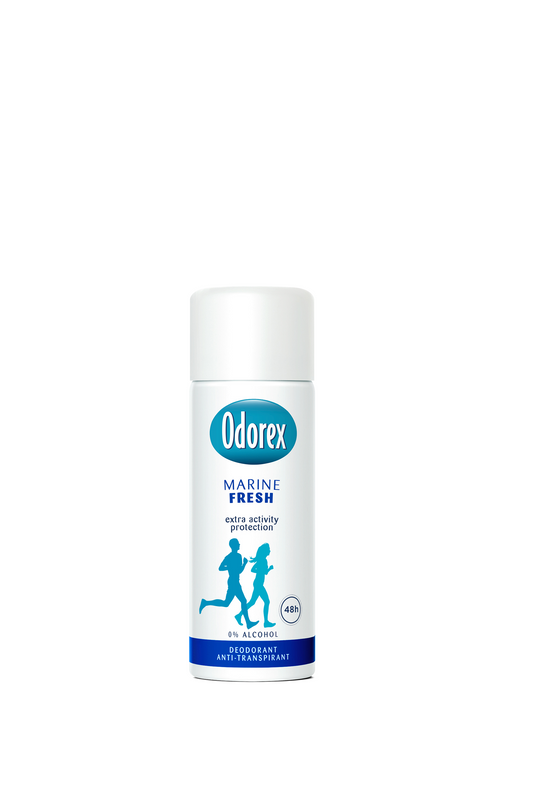 Odorex Body heat responsive deodorant spray in marine fresh scent, mini 50ml bottle, designed for odor control.