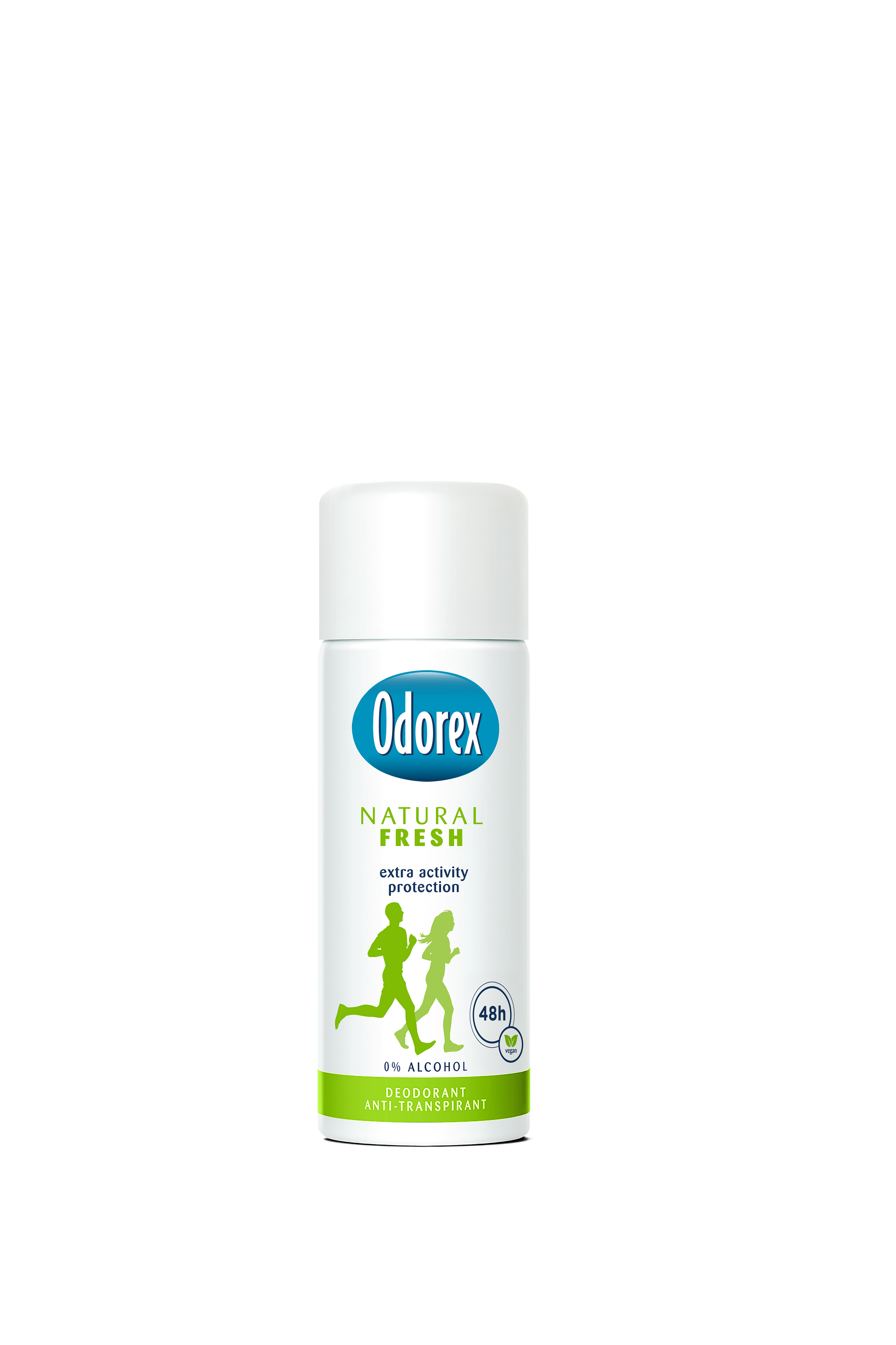 Odorex Natural Fresh mini deodorant spray bottle, 50ml, with clear packaging and spray nozzle, compact and portable personal deodorant.