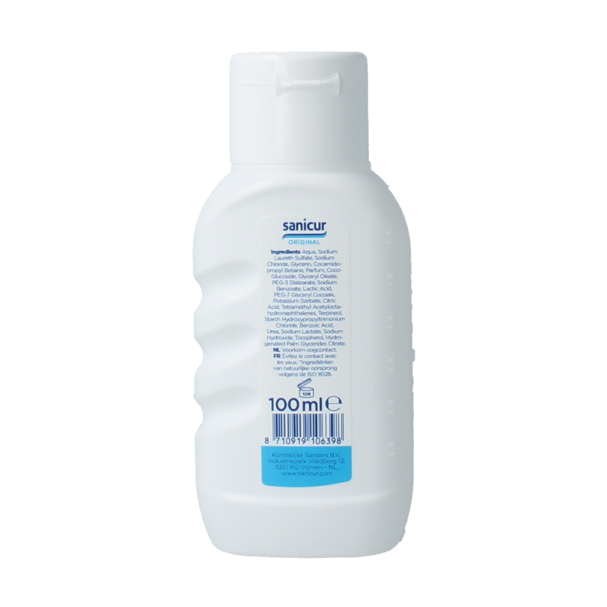 Sanicur Original shower gel mini 100ml bottle, gentle bad en douche product with hygienic packaging and clear label.