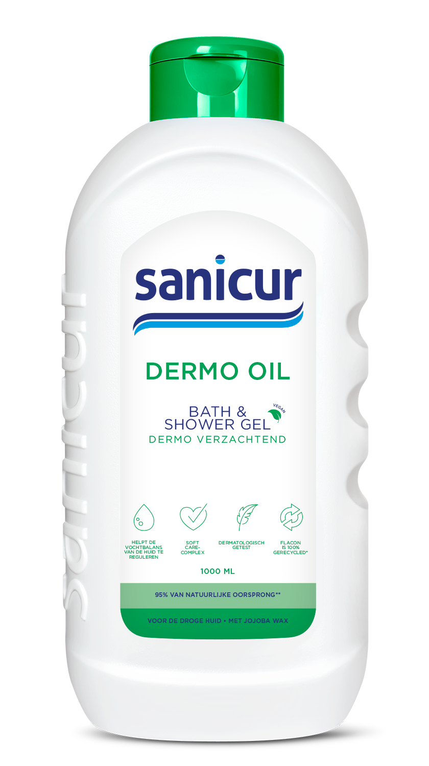 Sanicur Douchegel dermo olie 1 liter bottle, gentle body wash with nourishing oils, designed for daily hygiene and skin care.