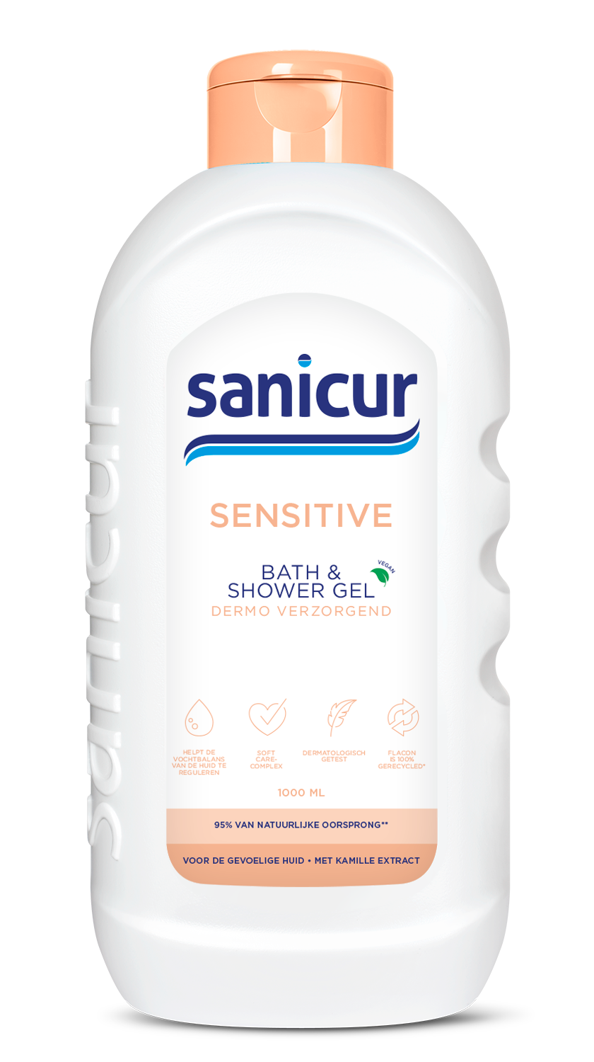 Sanicur Douchegel Sensitive 1 Liter bottle, gentle bad en douche product for sensitive skin, with clear packaging and label visible.