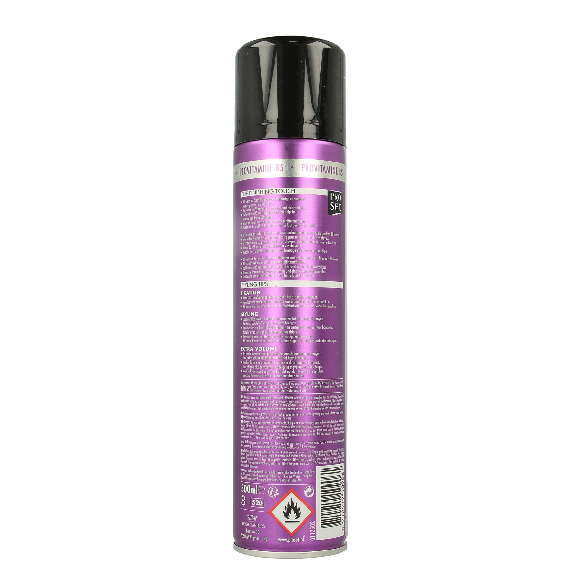 Proset Haarspray Classic Ultra Sterk, 300ml, a hair styling spray in a white spray can with blue and red accents.