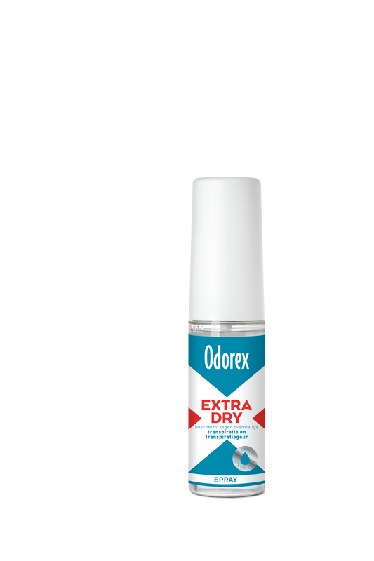 Odorex Extra Dry deodorant spray in 30ml bottle, featuring a sleek design and spray nozzle for easy application.