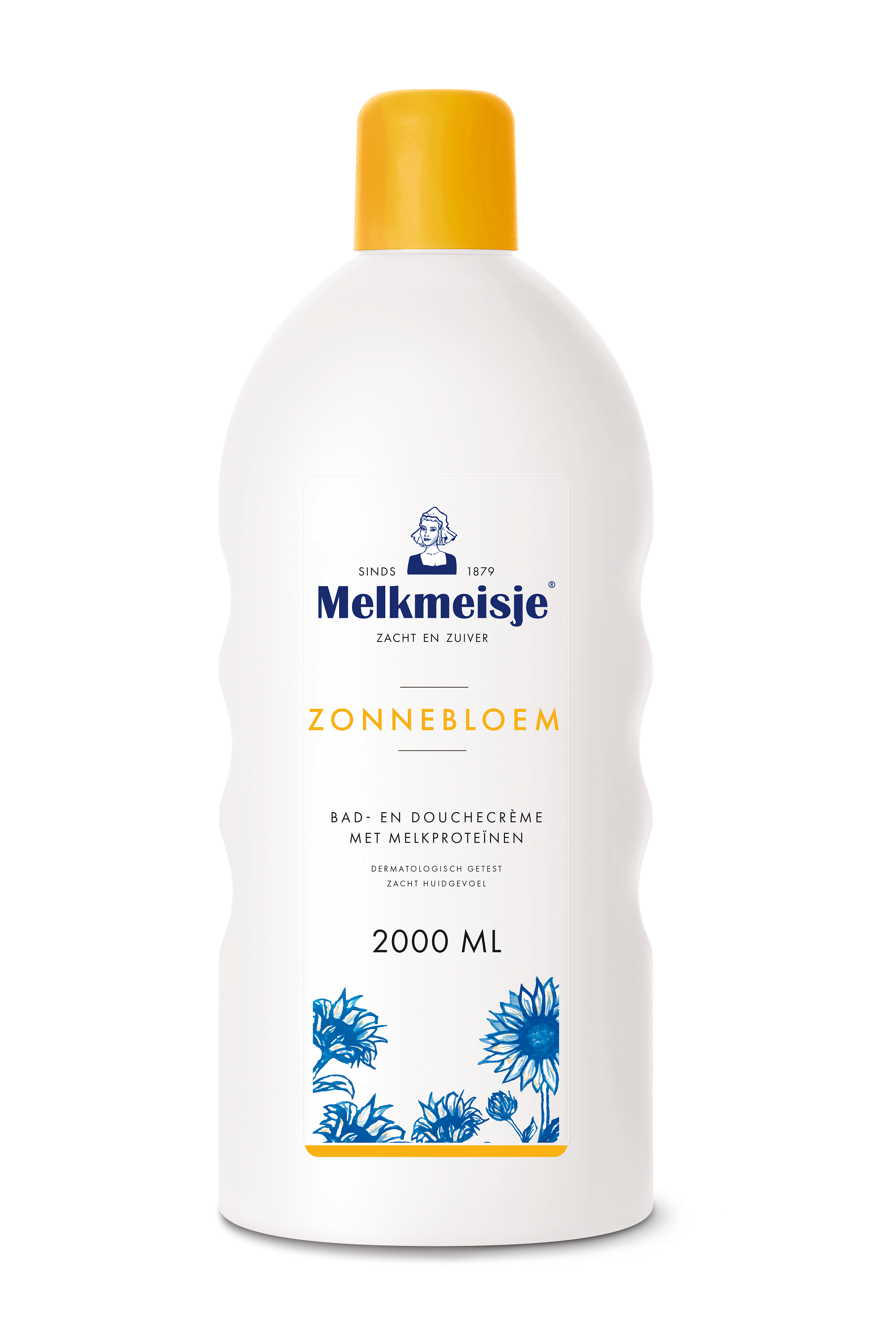 Melkmeisje Bad en Douche zonnebloem/melk bottle, 2L, natural soap with sunflower and milk ingredients, featuring dispensing cap.