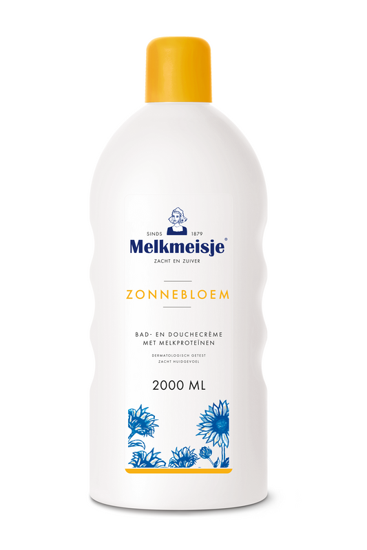 Melkmeisje Bad en Douche zonnebloem/melk bottle, 2L, natural soap with sunflower and milk ingredients, featuring dispensing cap.