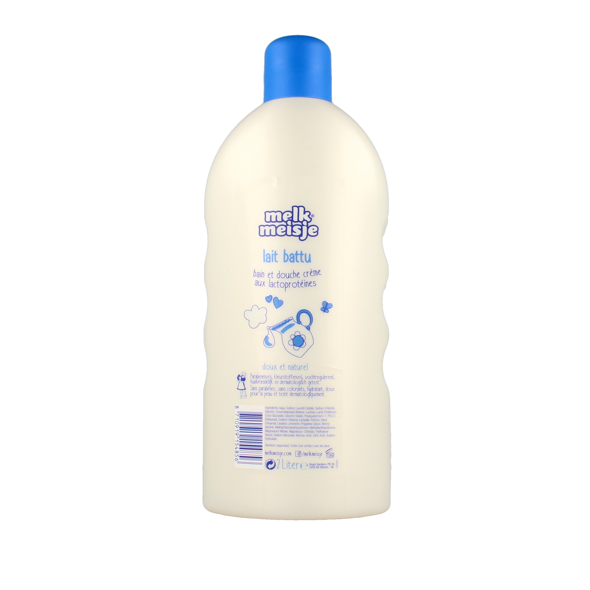 Melkmeisje Bad en Douche karnemelk, 2-liter bottle of moisturizing bath and shower product, with label visible.