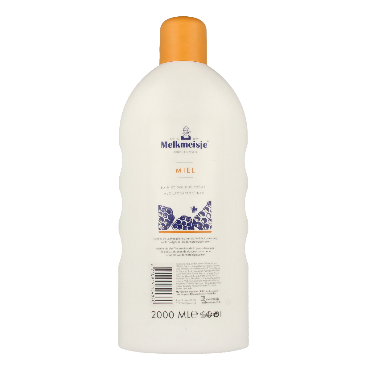 Melkmeisje Bad en Douche honing 2-liter bottle with a clear label and pump dispenser for gentle cleansing.