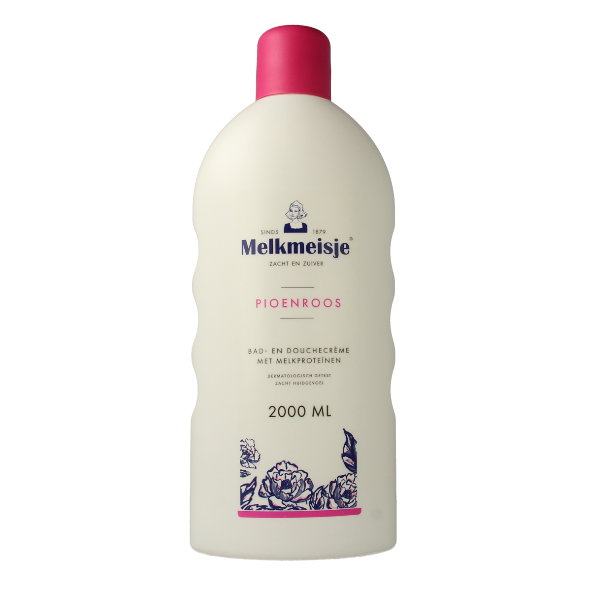 Melkmeisje Bad en Douche pioenroos 2L bottle with pink floral design, suitable for bath and shower use.